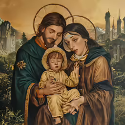 an image of jesus holding a baby and his father