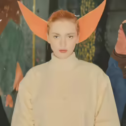 a woman with large, orange horns on her head