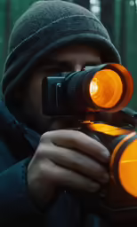 a person with a camera and a yellow light