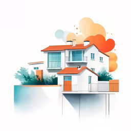 a painting of a house with two stories and some balconies