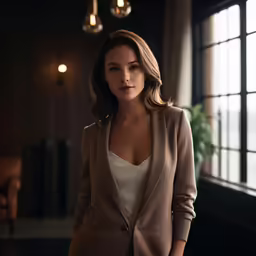a woman in a suit looking out of a window