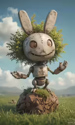 a robot character on a rock in the grass
