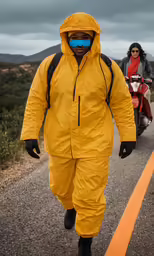 the man in yellow suit has blue tinted goggles