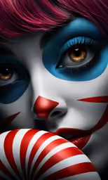 a woman with makeup that has been painted and is holding a candy