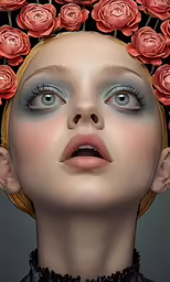 a woman with pink flowers in her hair