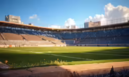 a large stadium with grass and blue sky in the background