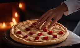a person placing cherry toppings on top of a pizza
