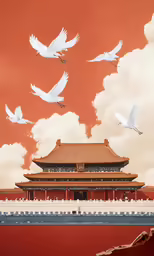 white birds flying in front of a tall building