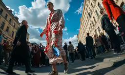 a woman wearing a dress standing in the street