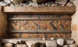there is a stone and wood fire place