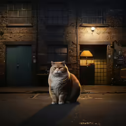 a fat cat sits alone outside a building