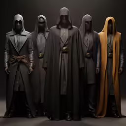 five costumed figures dressed in different colors