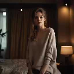a woman stands on her bed in front of the window