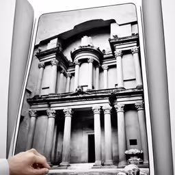 a black and white photo of some pillars in front of a building