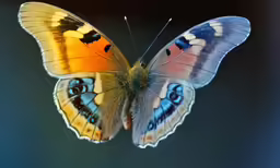 a yellow, brown and white butterfly on a green background