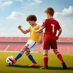 two soccer players are kicking a ball near each other