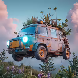 the van is flying with plants on top