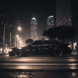 a black car driving down the road by some tall buildings