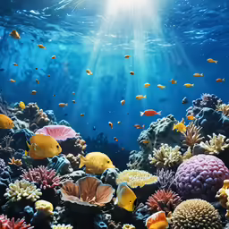 the underwater scene with several different colored reefes and sea creatures