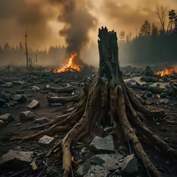 an up - close shot of a tree stump with flames in the background