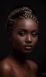 the model has long braids and wears gold chains on her head