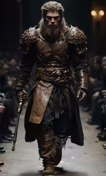 a man wearing armor with chains on a runway