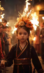 a young girl in a traditional costume carrying torches