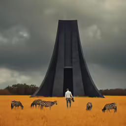a person and zebras are in the distance in a field with the monument and grey sky in the background