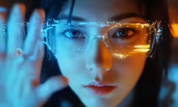 a young woman wearing glasses and touching her face