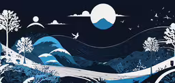 some blue mountains and a white bird and a sky,a mountain scene with a river, trees and a bird in the sky