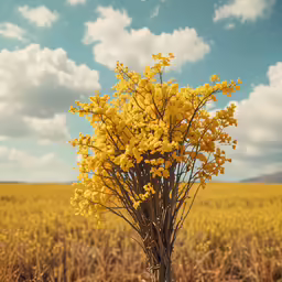 a field of yellow flowers under a blue and cloudy sky