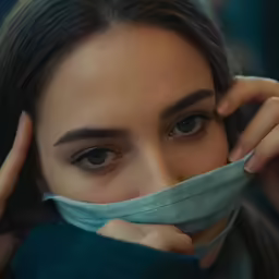 an adorable girl in a face mask covering her eyes