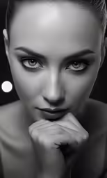 a woman with dark makeup, a bun on her hair and white circles