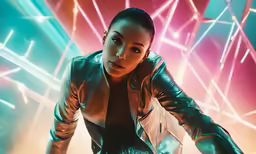 a woman standing in front of a display of neon lights