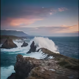 a wave splashing onto the shore in front of some rocky coastline