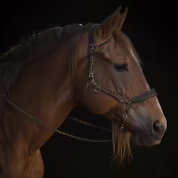 the brown horse has its head down
