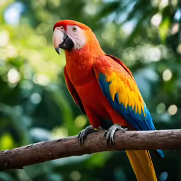 a parrot sits on a branch near a tree