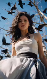 a woman posing in a dress with birds around her