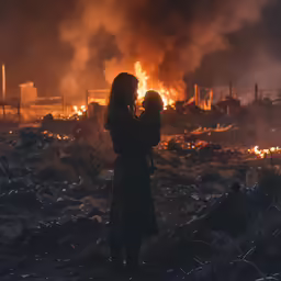 there is a woman holding a baby by the fire