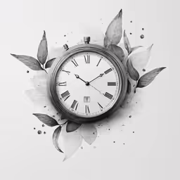 a black and white photograph of a clock with leaves around it