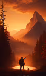a man holding a dog and walking along a forest,the man is standing on top of a mountain