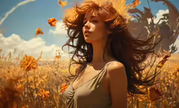 a woman standing in the grass with her hair blowing