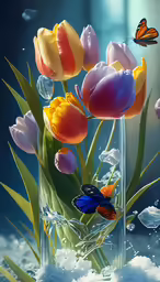 flowers with butterflies floating in them sitting in the water