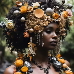 the woman is dressed in all the unusual clothes and jewelry