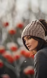 a woman in black shirt and brown beanie standing in front of flowers