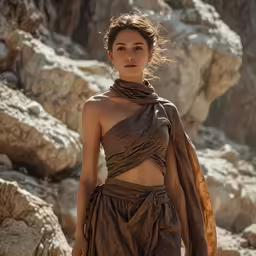 the girl is wearing a scarf and has a very interesting dress