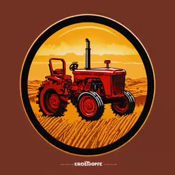 a tractor with the sun setting on it,a picture of an old red tractor on a orange background