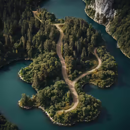 an aerial view of several curving roads surrounded by forest