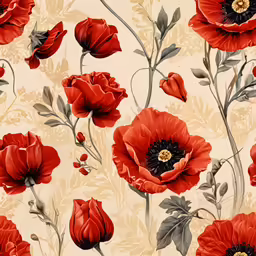 red flowers are scattered all over the cream background