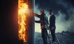 a man holding a ladder and a fire extinguisher